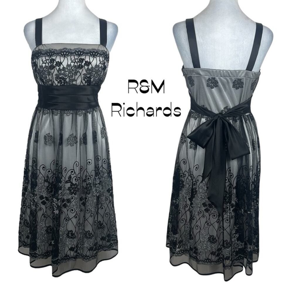 R&M Richards Sheer Black Metallic Floral Dress NWT Size 8